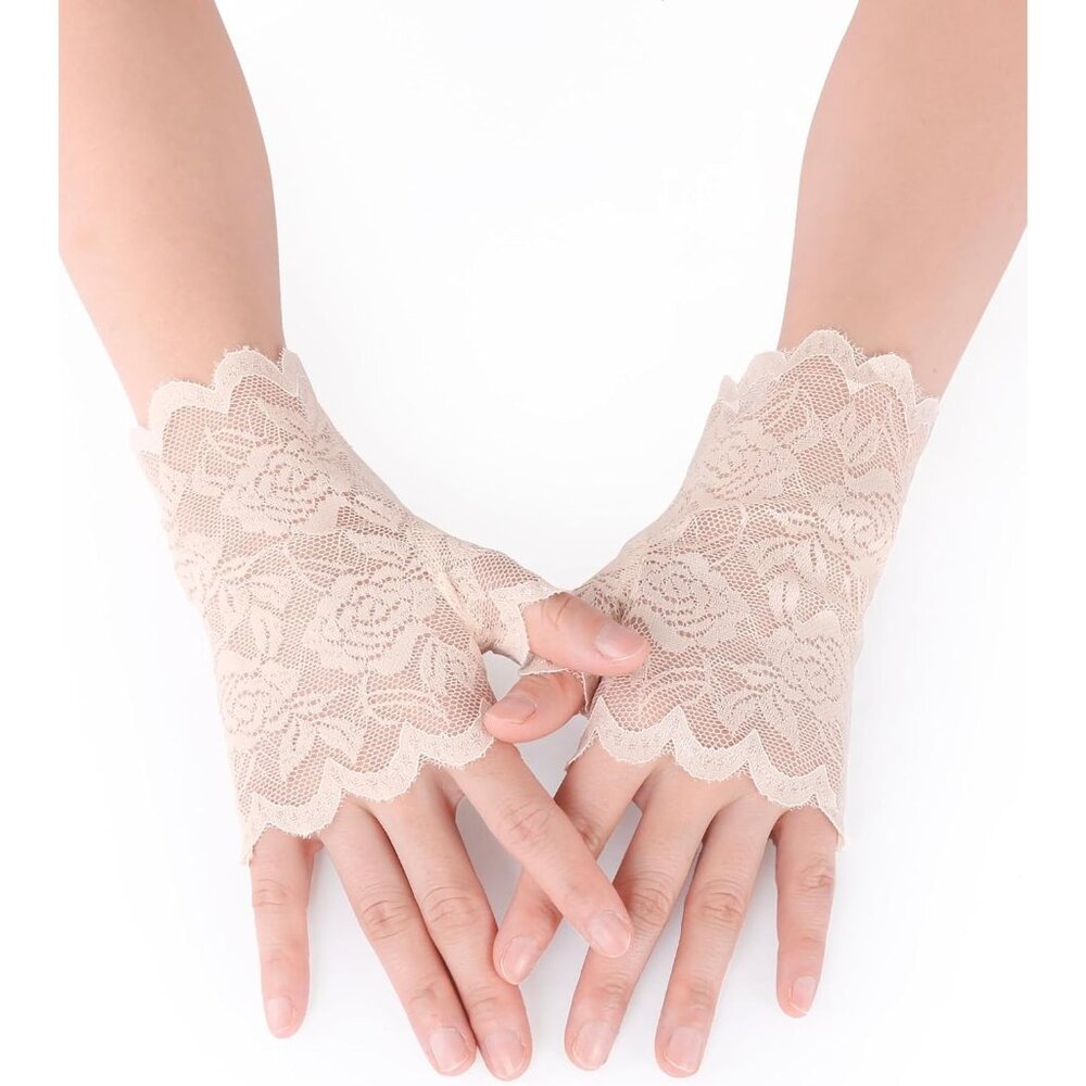 Women's Apricot Fingerless Floral Short Lace Gloves Halloween Party Accessories - Picture 4 of 5